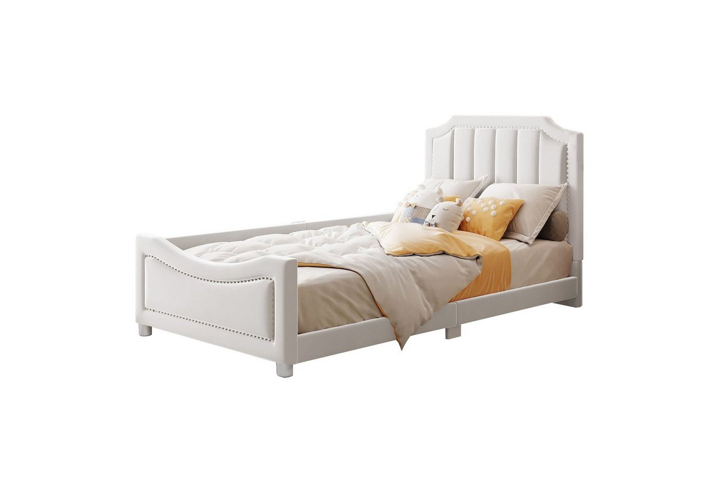 HAUSS SPLOE Polsterbett Funktionsbett Bettrahmen KInderbett Einzelbett Schlafsofa (mit Rückenlehne, Gebogenes Kopfteil, Jugendbett Gästebett), 90*200cm, Beige von HAUSS SPLOE