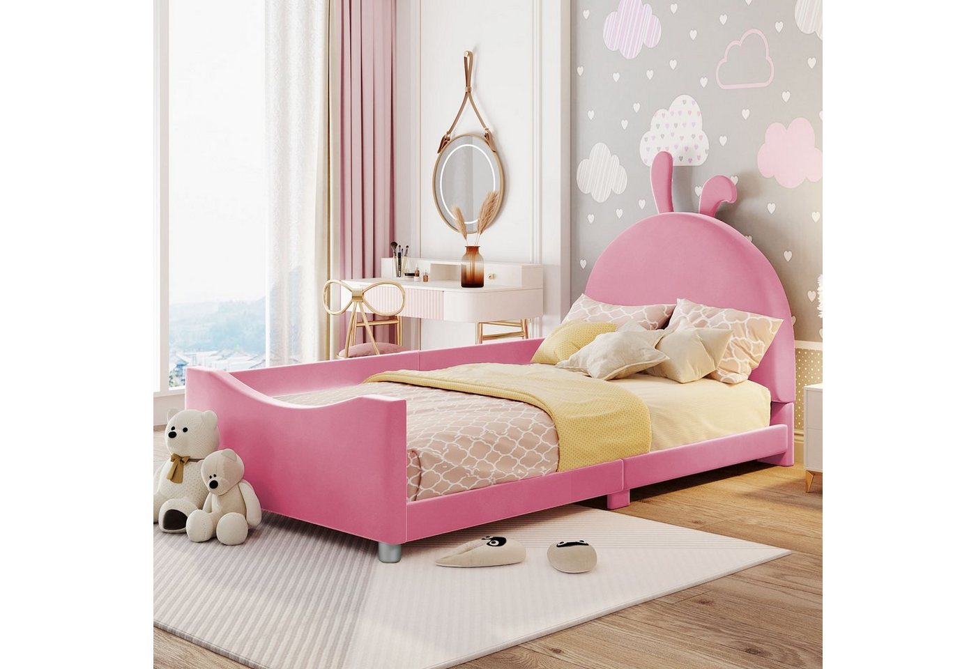 HAUSS SPLOE Polsterbett Funktionsbett Bettrahmen KInderbett Einzelbett Schlafsofa (mit Rückenlehne, Kopfteil in Hasenohrform, Jugendbett Gästebett), 90*200cm, Rosa von HAUSS SPLOE