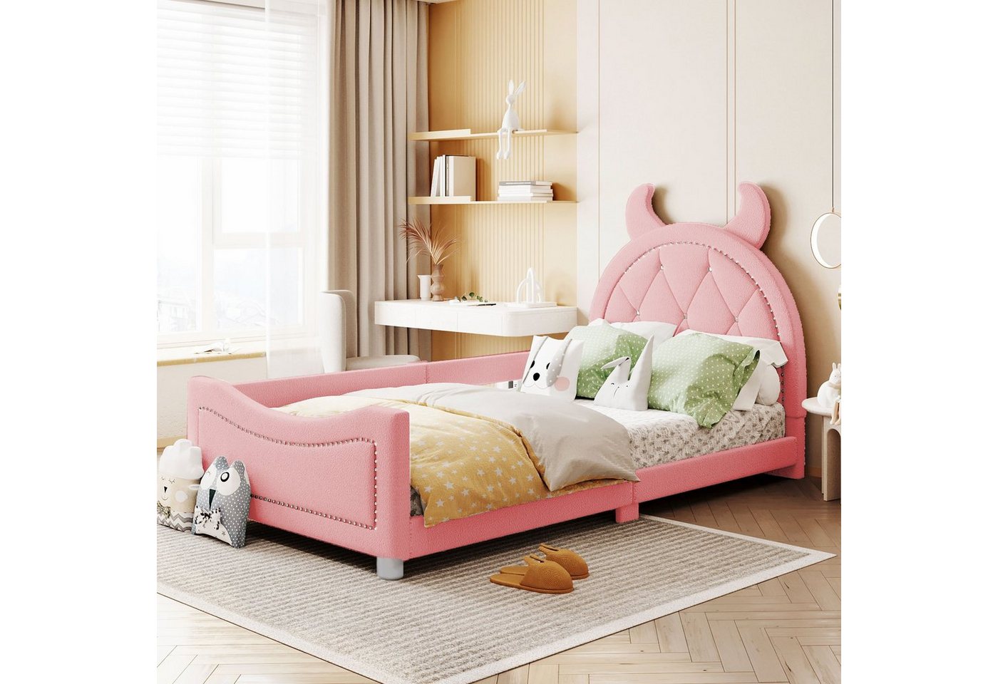 HAUSS SPLOE Polsterbett Funktionsbett Bettrahmen KInderbett Einzelbett Schlafsofa (mit Rückenlehne, Trompetenförmiges Kopfteil, Jugendbett Gästebett), 90*200cm, Rosa von HAUSS SPLOE