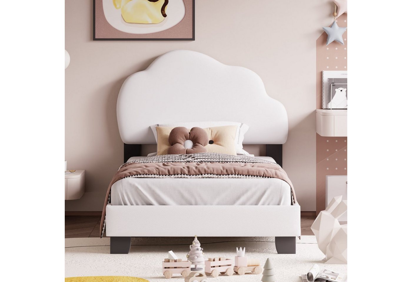 HAUSS SPLOE Polsterbett Funktionsbett Bettrahmen Kinderbett Einzelbett (Polsterbett mit wolkenförmigem Kopfteil und Lattenrost), Jungen- und Mädchenbett aus Kunstleder, 90*200cm, Beige von HAUSS SPLOE