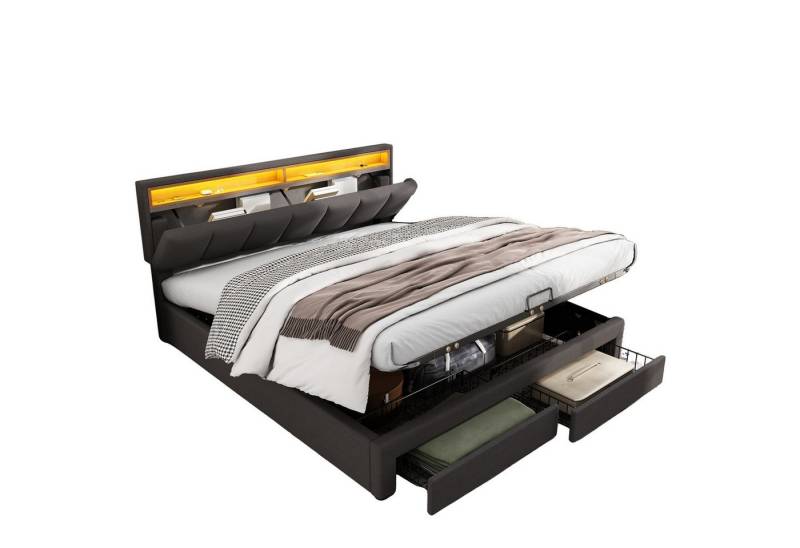 HAUSS SPOLE Polsterbett Polsterbett Boxspringbett hydraulisches Doppelbett (mit LED-Beleuchtung,Hydraulisch Stauraumbett, MIt Schubladen und Staufächer 180 x 200 Ohne Matratze), Verstaubares Kopfteil aus Schaum,Doppelbett aus Stahlrahmen von HAUSS SPOLE