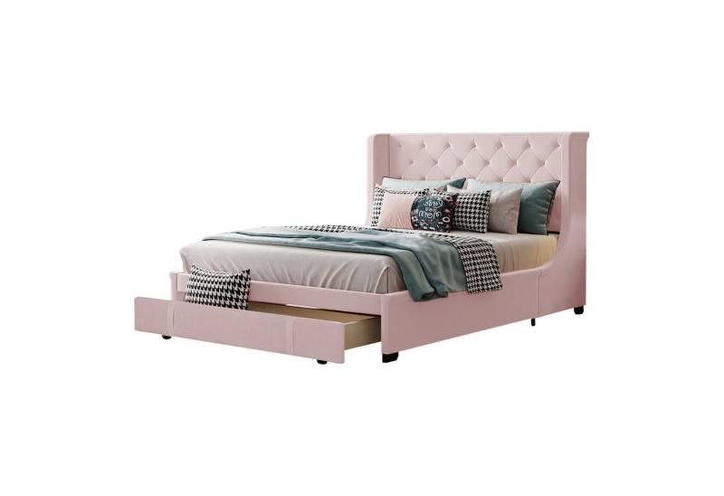 HAUSS SPOLE Polsterbett Polsterbett Doppelbett Erwachsene Bett Jugendbett (Erwachsenen- und Jugenddoppelbett in Pro-Leinen-Stoff, Rosa (Matratze nicht im Lieferumfang enthalten) 140X200cm), Einfach zu montieren von HAUSS SPOLE