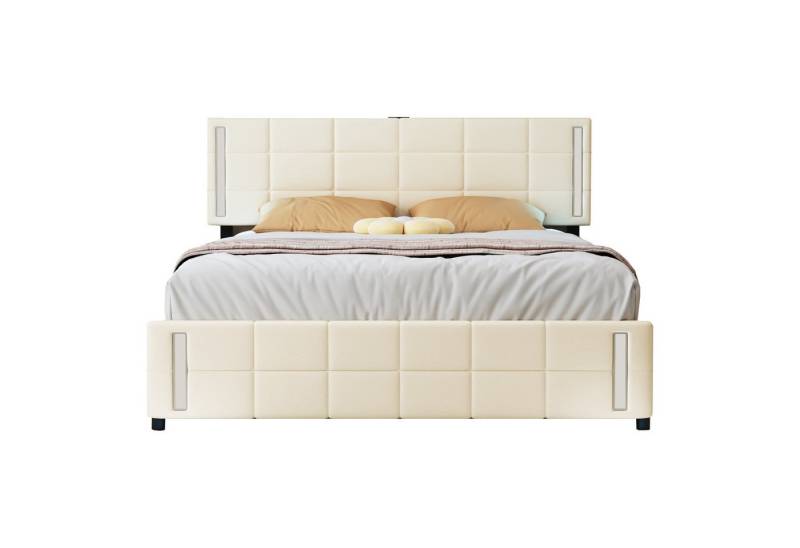 HAUSS SPOLE Polsterbett Polsterbett Doppelbett Funktionsbett Bettrahmen mit Schubladen (Leinen gepolstert, mit LED-Lichtsteckdose 4 Schubladen), Ohne Matratze von HAUSS SPOLE