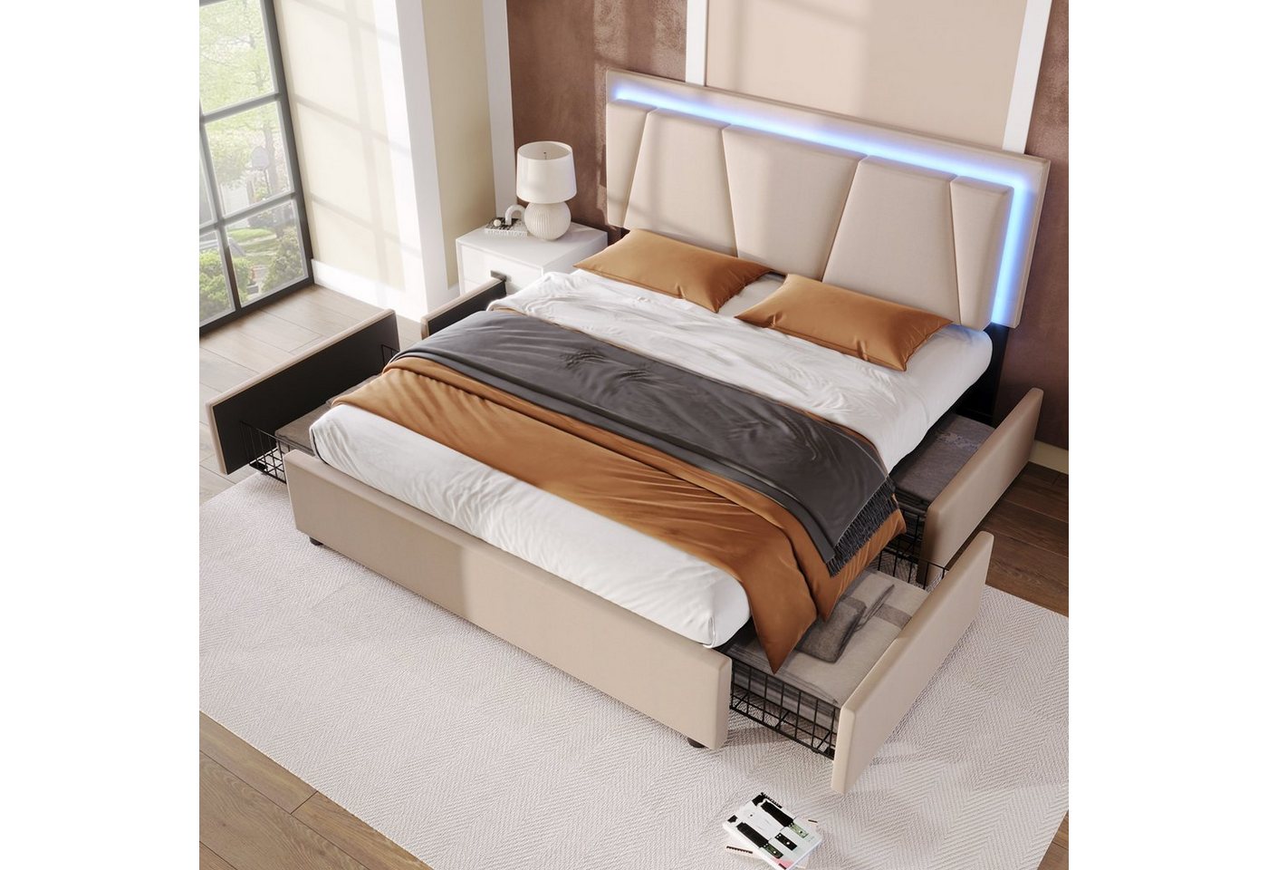 HAUSS SPLOE Polsterbett Polsterbett Doppelbett Funktionsbett Bettrahmen mit Schubladen (mit LED-Beleuchtung und 4 Schubladen), Doppelbett 160x200cm Lattenrost aus Holz, (Mit Matratze) von HAUSS SPLOE