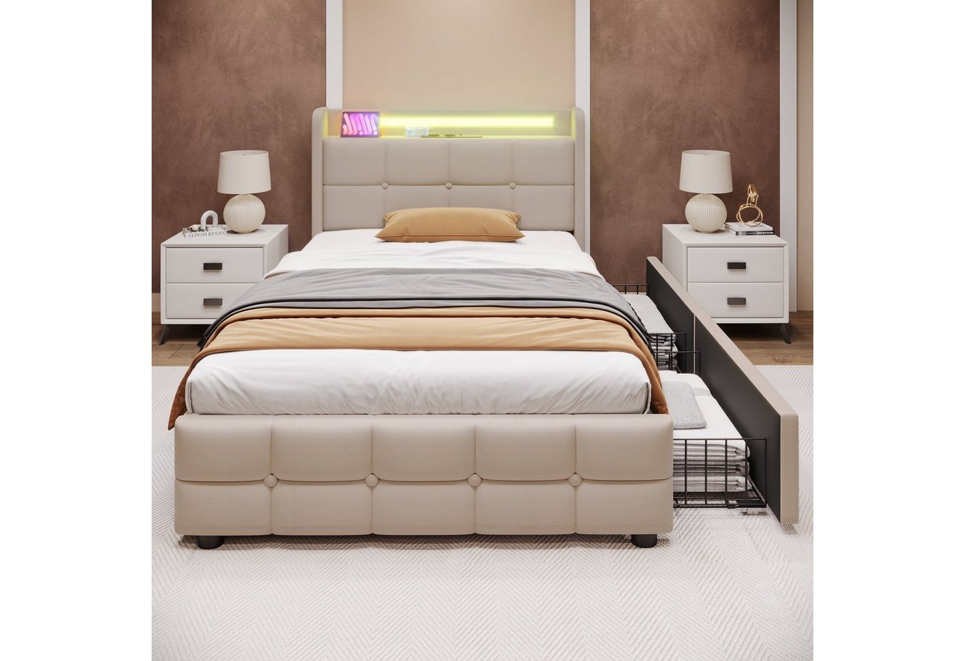 HAUSS SPLOE Polsterbett Polsterbett Doppelbett Funktionsbett Bettrahmen mit Schubladen (mit aufladen USB Ladefunktion LED-Beleuchtung und 2 Schubladen, 90 x 200 cm ohne-Matratze) von HAUSS SPLOE