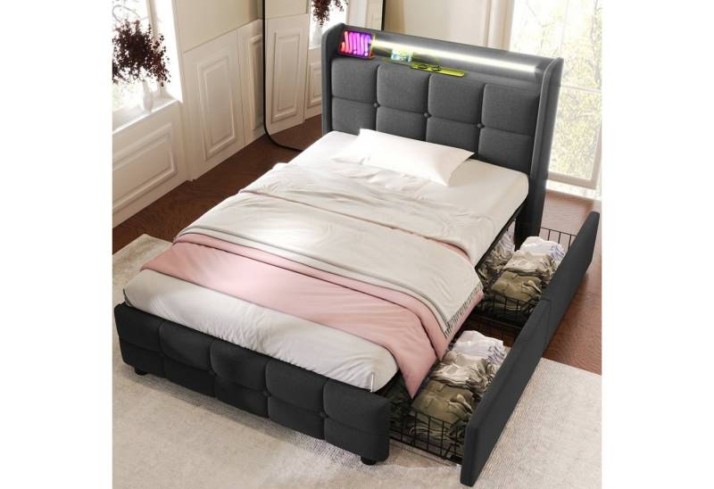 HAUSS SPOLE Polsterbett Polsterbett Doppelbett Funktionsbett Bettrahmen mit Schubladen (mit aufladen USB Ladefunktion LED-Beleuchtung und 2 Schubladen, 90 x 200 cm ohne-Matratze) von HAUSS SPOLE