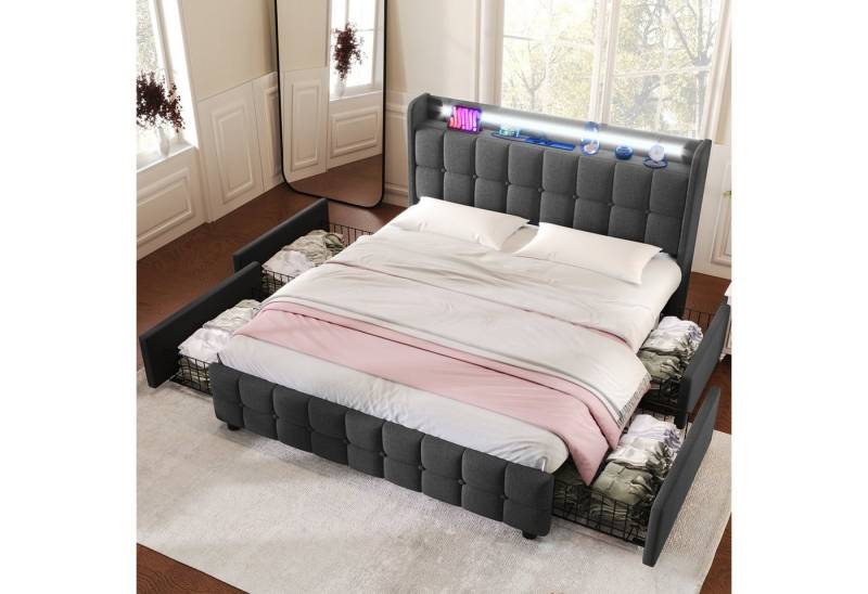 HAUSS SPOLE Polsterbett Polsterbett Doppelbett Funktionsbett Bettrahmen mit Schubladen (mit aufladen USB Ladefunktion LED-Beleuchtung und 4 Schubladen, 180 x 200 cm Ohne matratze) von HAUSS SPOLE