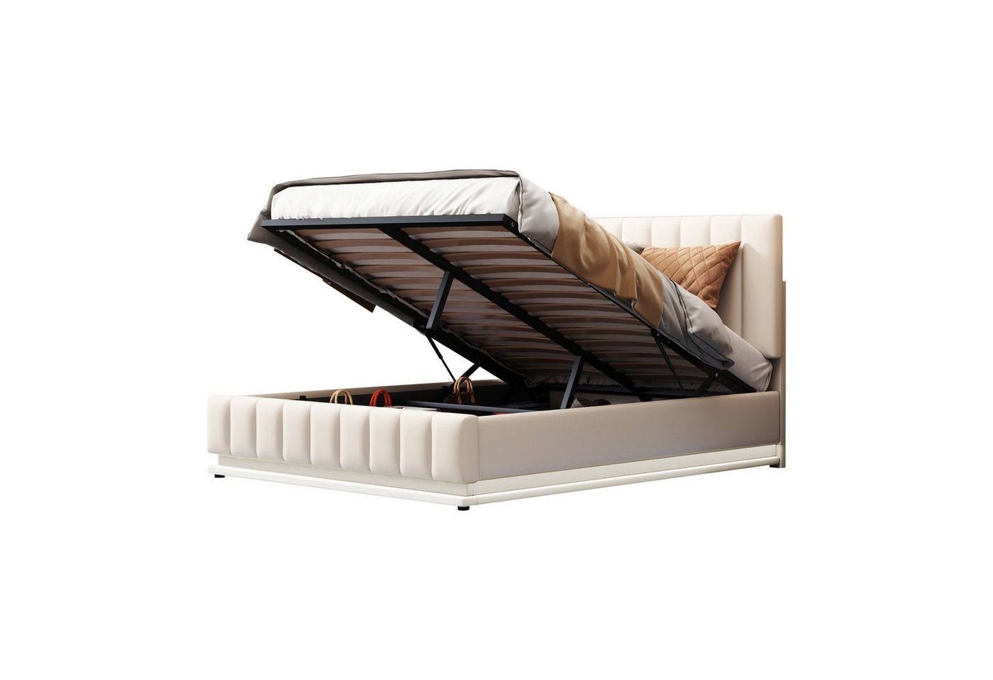 HAUSS SPOLE Polsterbett Polsterbett Doppelbett Stauraumbett GroßesBett Funktionsbett (beige (ohne Matratze), Hohe Tragfähigkeit, Einfach zu montierender Bettrahmen), mit höheverstellbarem Polsterkopfteil & hydraulischem Stauraum von HAUSS SPOLE