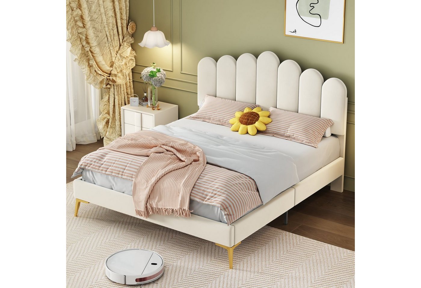HAUSS SPOLE Polsterbett Polsterbett Funktionsbett Bettrahmen KInderbett Doppelbett (hautfreundlichem Samtstoff, Bettgestell mit Kopfteil und Lattenrost), ohne Matratze von HAUSS SPOLE