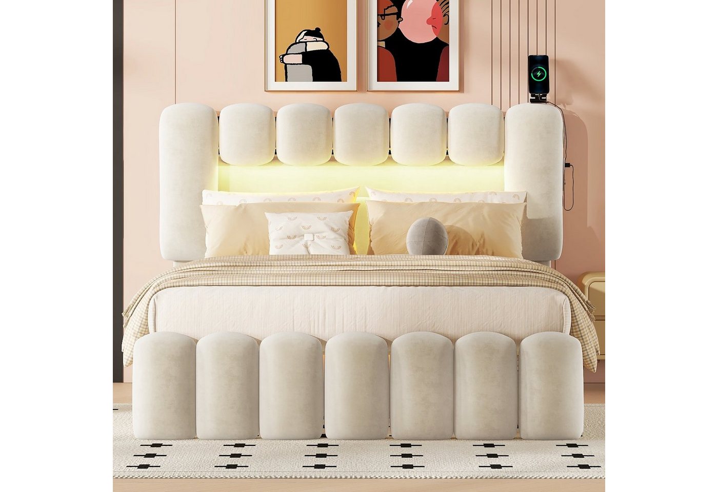 HAUSS SPLOE Polsterbett Polsterbett Funktionsbett Bettrahmen KInderbett Doppelbett (mit 4 Schubladen und LED-Lichtleiste, Jugendbett mit USB und Stereoanlage), 140*200 cm, Beige von HAUSS SPLOE