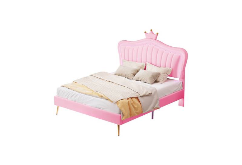 HAUSS SPOLE Polsterbett Polsterbett Funktionsbett Bettrahmen KInderbett Doppelbett (mit LED-Leuchten, Lattenrost und Rückenlehne 140x200 cm, Bettgestell für Mädchen, weißes Kronen-Doppelbettgestell aus Leder), Ohne Matratze von HAUSS SPOLE