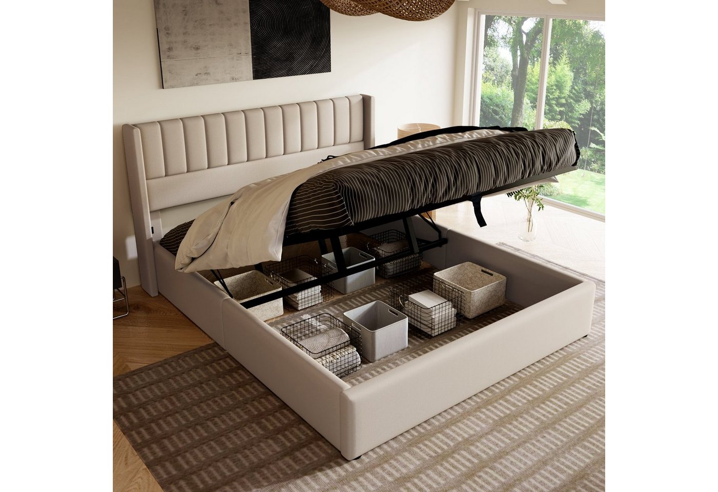 HAUSS SPLOE Polsterbett Polsterbett Hydraulisch Doppelbett Jugendbett Gästebett Bettgestell (160x200cm Leinen, Beige ohne Matratze), Bett mit Lattenrost aus Metallrahmen, Lattenrost aus Holz von HAUSS SPLOE