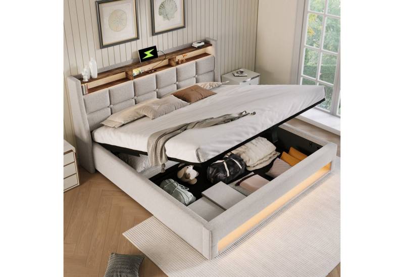 HAUSS SPOLE Polsterbett Polsterbett hydraulisches Doppelbett Funktionsbett Bettrahmen (LED Doppelbett Jugendbett mit USB/Typ-C Ladeanschluss), Lagerung von HAUSS SPOLE