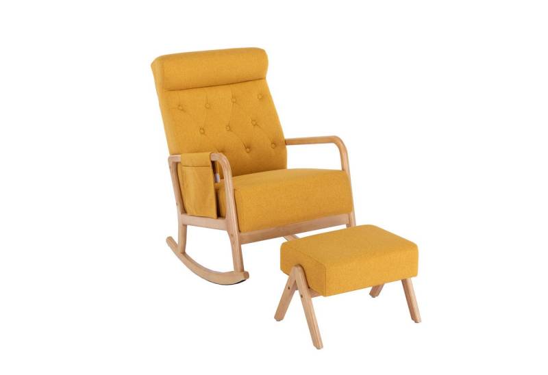 HAUSS SPOLE Schaukelstuhl Relaxsessel Polsterstuhl mit Fußstütze, Seitentaschen, massiver Buche (Leinen), Kissen und Rückenlehne integriertes Design von HAUSS SPOLE
