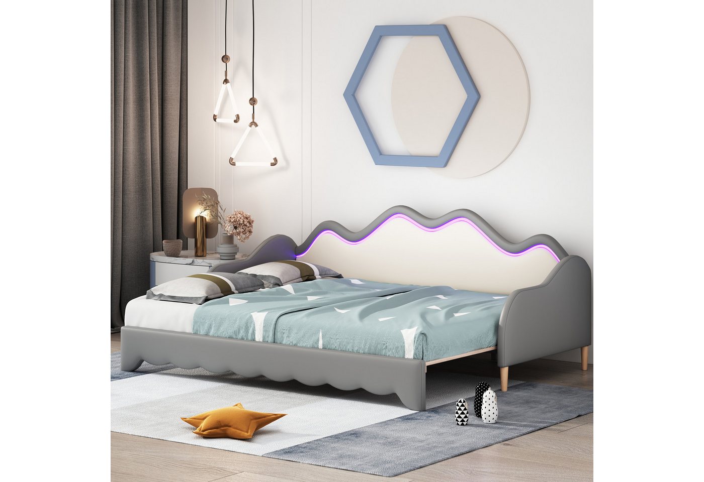 HAUSS SPLOE Schlafsofa 2-in-1 Bett 90(180)*190cm, aus Kunstleder mit LED-Beleuchtung, Grau, Kinderbett aus Kunstleder mit LED-Beleuchtung, mit Lattenrost, 90(180)*190cm, ohne Matratze von HAUSS SPLOE