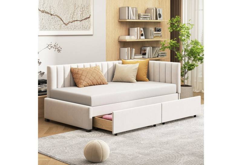 HAUSS SPOLE Schlafsofa 90*200 mit 2 großen Stauraumschubladen und Lattenrost Samt Beige von HAUSS SPOLE