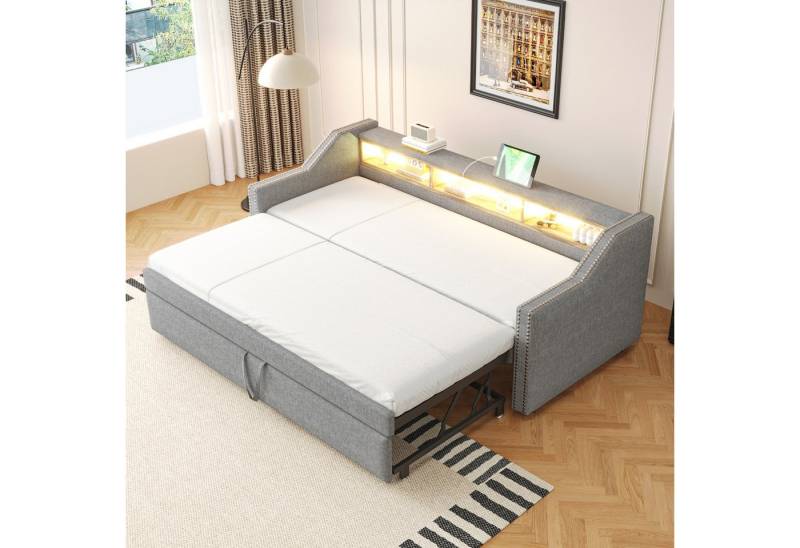 HAUSS SPOLE Schlafsofa 90/180x190 Multifunktionales Staufach, LED-Licht,USB-Buchse Hellgrau, Multifunktionales Polsterbett,mit Ausziehbarem Bettrahmen, USB-Anschluss, LED-Licht., mit Relaxfunktion von HAUSS SPOLE