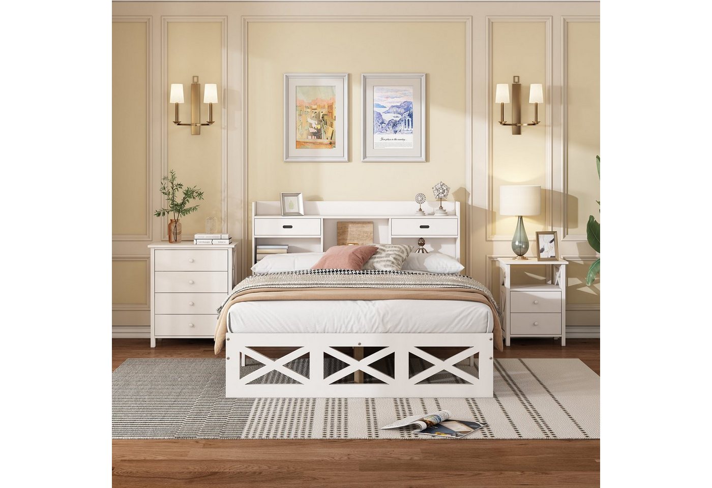 HAUSS SPLOE Schlafzimmer-Set, (3-St., 140x200 cm Holzbett, Nachttisch, Kommode), Nachttisch mit 2 Schubladen und einem Fach, mit X-Muster, Weiß von HAUSS SPLOE