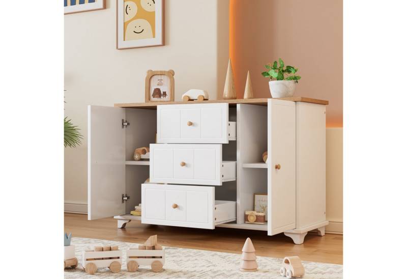 HAUSS SPLOE Schlafzimmer-Set Kommode mit 3 Schubladen und 2 Türen, MDF+Spanplatte, Weiß+Natur, (1-St) von HAUSS SPLOE