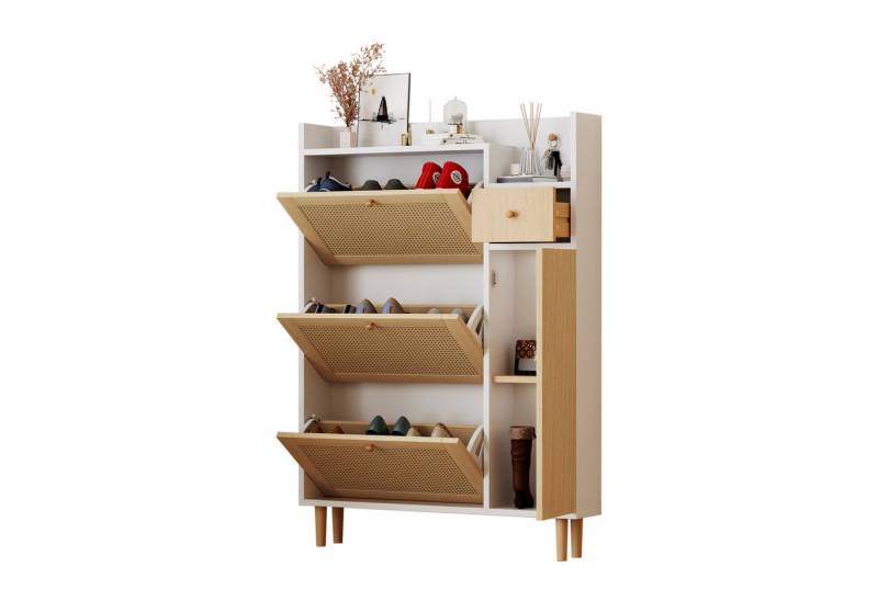 HAUSS SPOLE Schuhschrank Sideboard Kommode mit Massivholzbeinen und Griffen Standschrank (Schuhschrank mit 3 Kipp-Türen und 1 Schublade) Maße: B90/H125/T17 cm von HAUSS SPOLE