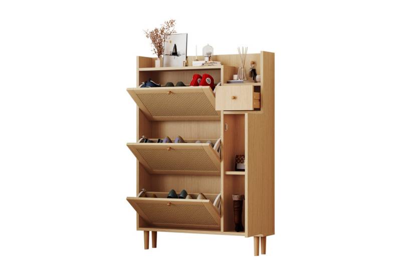 HAUSS SPOLE Schuhschrank Sideboard Kommode mit Massivholzbeinen und Griffen Standschrank (Schuhschrank mit 3 Kipp-Türen und 1 Schublade) Maße: B90/H125/T17 cm von HAUSS SPOLE