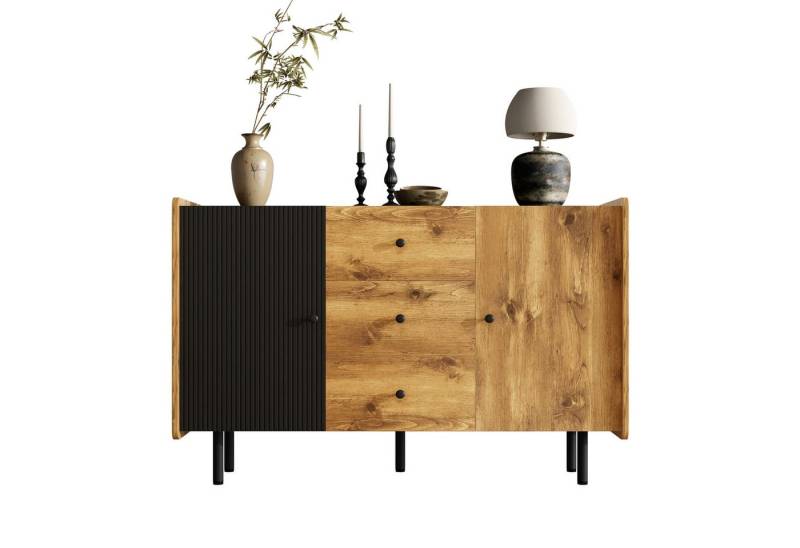 HAUSS SPOLE Sideboard 120 cm Moderner Stil, Zwei Türen und Drei Schubladen Schwarz (Kommode, Anrichte, Wohnzimmerschrank, 1 St., 2 Türen und 3 Schubladen), mit Geräumiger Stauraum von HAUSS SPOLE
