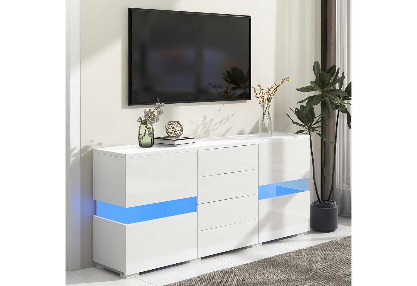 HAUSS SPLOE Sideboard 140*35cm Hochglanz mit 16 Farben LED-Leuchten für Esszimmer, Weiß von HAUSS SPLOE