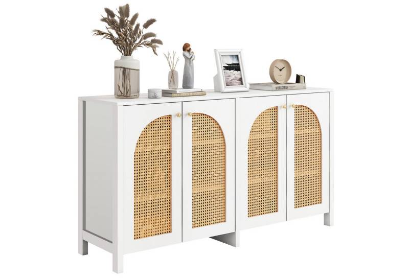 HAUSS SPOLE Sideboard Kommode Beistellschrank,Schrank Buffetschrank mit 4-Rattantür (4 gebogene Kunst-Rattantüren,6 Fächer, Verstellbare Regalboden, Luftdurchlässige Loch-Tür,Geradliniger Rahmen), für Teller, Gläser, Kleingeräte, Schüsseln und mehr,Weiß von HAUSS SPOLE