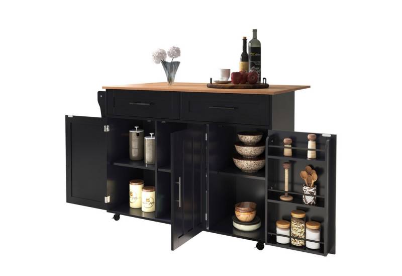 HAUSS SPOLE Sideboard Küchenschrank Küchenwagen mit klappbarer Tischplatte, Rollen&Holzbeinen (1 St., 5 Räder, 3 Tür), mit Ausziehbare Arbeitsplatte,Massivholzbeine umschaltbar von HAUSS SPOLE