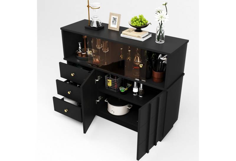 HAUSS SPLOE Sideboard Küchenschrank mit Glastüren für Küche, Esszimmer, Wohnzimmer, Schwarz von HAUSS SPLOE