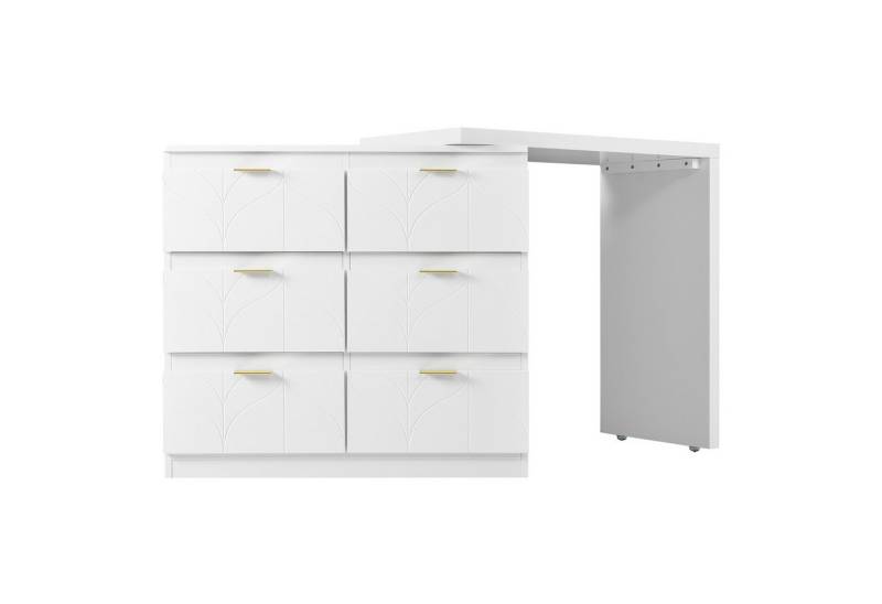 HAUSS SPOLE Sideboard Schminktisch Schubladenkommode Schubladenschrank (Bürotisch,Arbeitsbühne mit 6 Schubladen,Vergoldeten Griffen, drehbare Tischplatte,lackiert,Blumenmuster,stoßfeste abgerundete Ecken), 40T*73H,Weiß (ohne Spiegel und Hocker) von HAUSS SPOLE