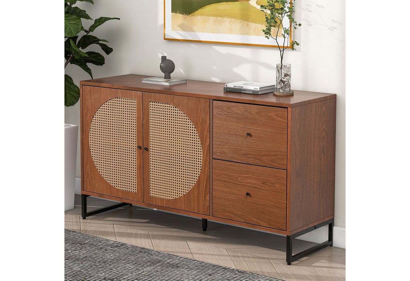 HAUSS SPLOE Sideboard Schubladenkommode, Sideboard Highboard Kommode (mit 2 Rattan verzierten Türen und 2 Schubladen Kommode Küchenschrank), Highboard mit Metallgriffe von HAUSS SPLOE