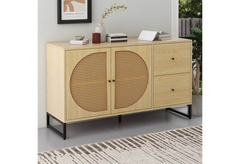 HAUSS SPLOE Sideboard Schubladenkommode, Sideboard Highboard Kommode (mit 2 Rattan verzierten Türen und 2 Schubladen Kommode Küchenschrank, 1 St), Highboard mit Metallgriffe von HAUSS SPOLE
