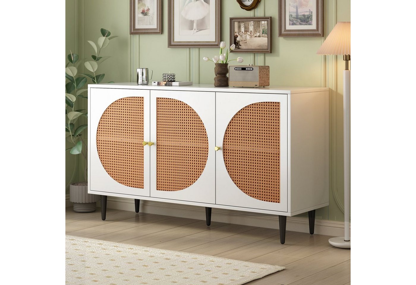 HAUSS SPLOE Sideboard Schubladenkommode, Sideboard Highboard Kommode (mit 3 Rattan verzierten Türen Kommode Highboard mit Metallgriffe), Nussbaum 129.8x 40x 76cm von HAUSS SPLOE