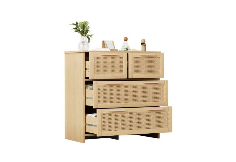 HAUSS SPOLE Sideboard Schuhbank Schuhtruhe4-Schubladen-Rattanschrank mit Massivholzgriffen (Sideboard mit 4-Schubladen und Massivholzgriffen), Maße: B80/H80/T38 cm von HAUSS SPOLE
