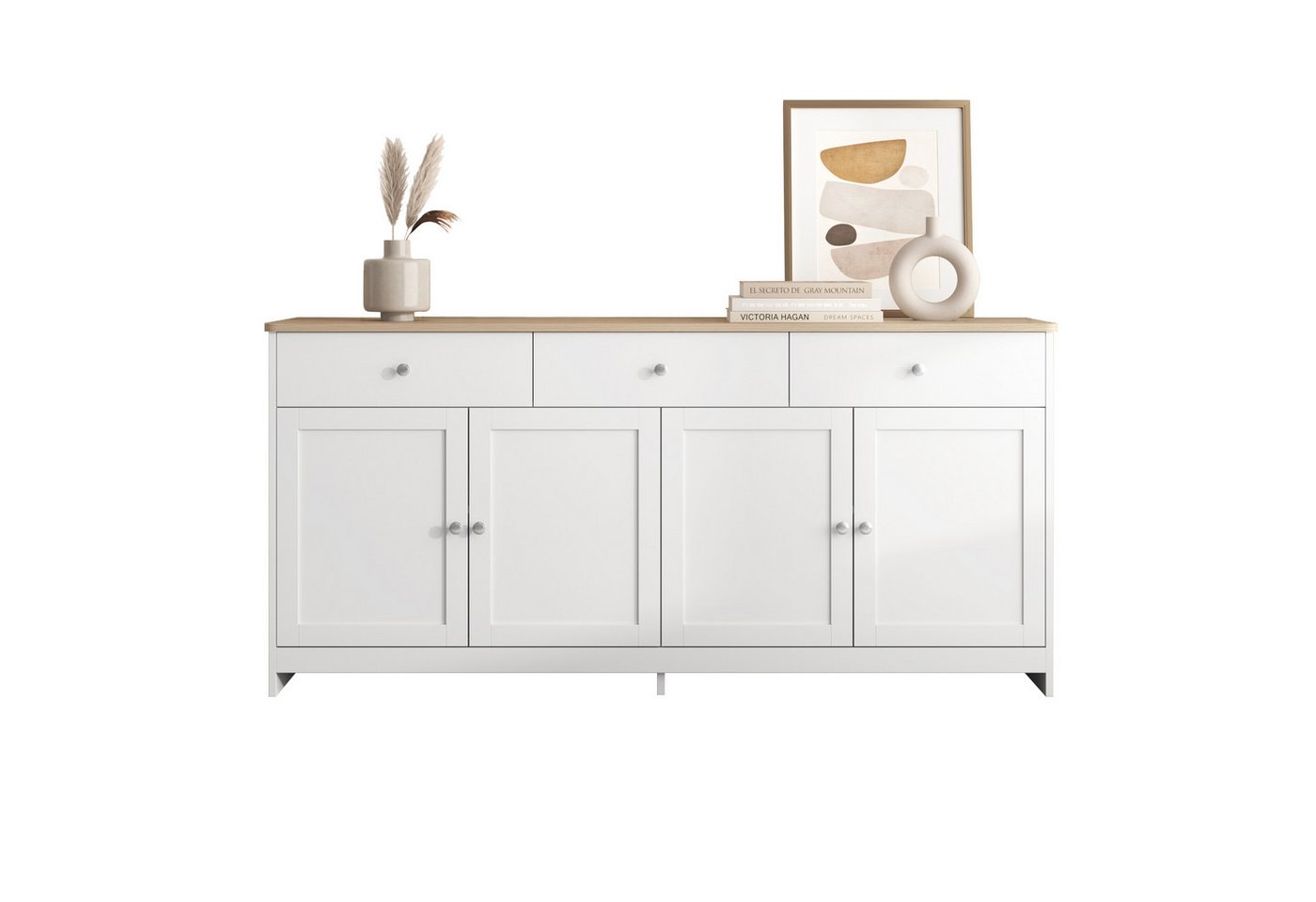 HAUSS SPLOE Sideboard Sideboard Beistellschrank Beistelltisch Kommode Aufbewahrungsschrank (Aufbewahrungsschrank mit drei Schubladen und vier Klappen, Sideboard im Landhausstil), Praktische Aufbewahrung von HAUSS SPLOE