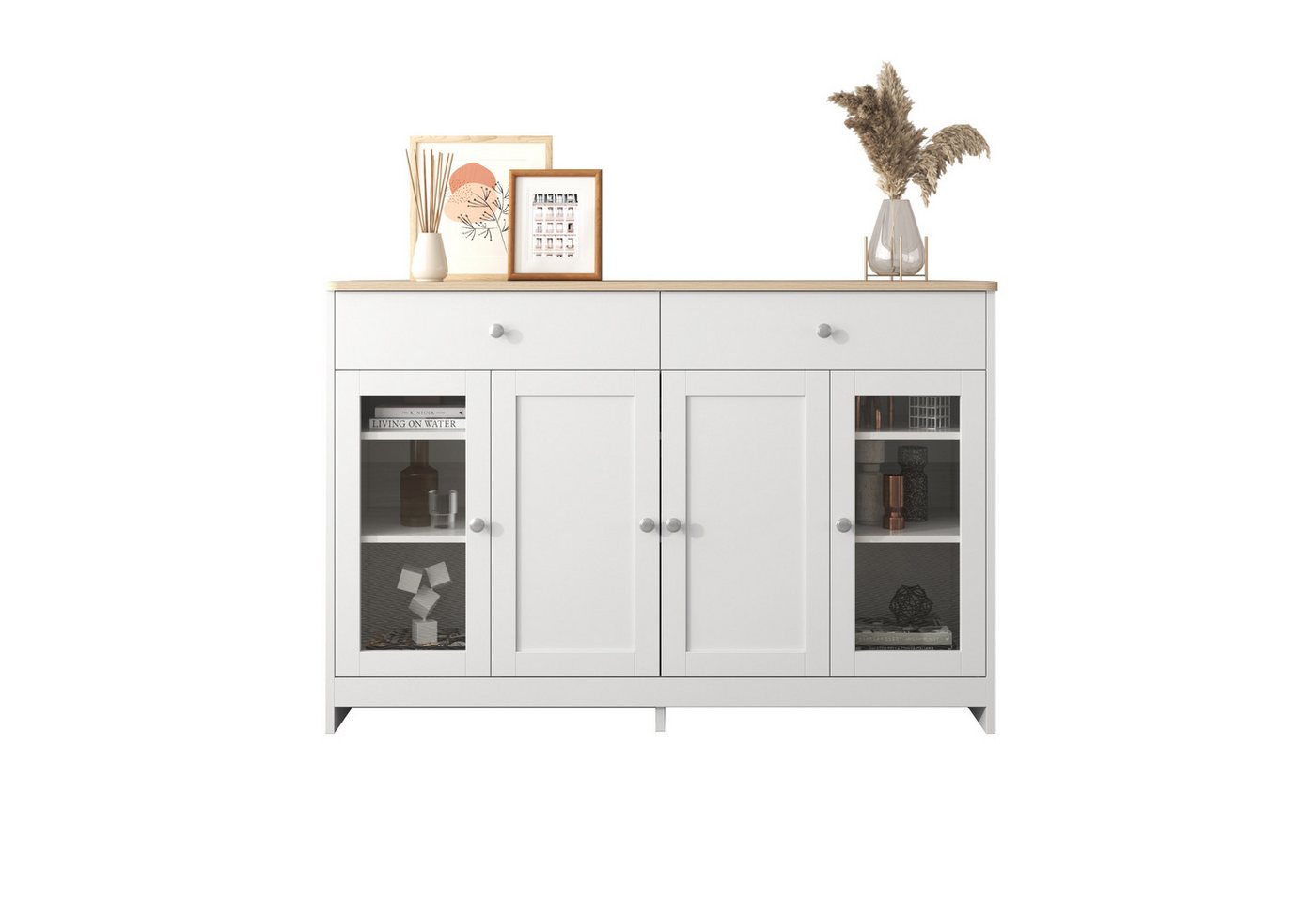 HAUSS SPLOE Sideboard Sideboard Beistellschrank Beistelltisch Kommode Aufbewahrungsschrank (vier Türen, mit zwei Schubladen, Tür mit Glas, Wohnzimmer, Esszimmer) von HAUSS SPLOE