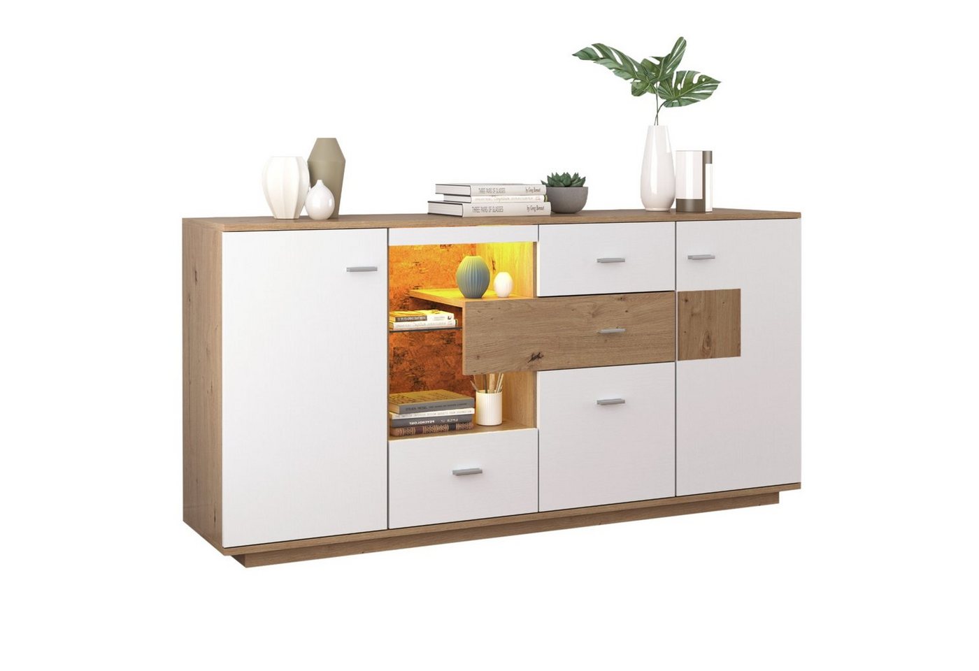 HAUSS SPLOE Sideboard Sideboard Kommode Beistellschrank Aufbewahrungsschrank (160 B x 40 T x 77 H(cm) Natur+Weiß), Wohnzimmermöbel, Mehrzweckschrank von HAUSS SPLOE