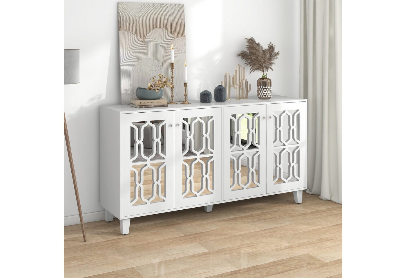 HAUSS SPLOE Sideboard Sideboard Kommode Beistellschrank Aufbewahrungsschrank (Weiß verspiegelte Anrichte mit kühlen Kristallgriffen und vier Türen) von HAUSS SPLOE