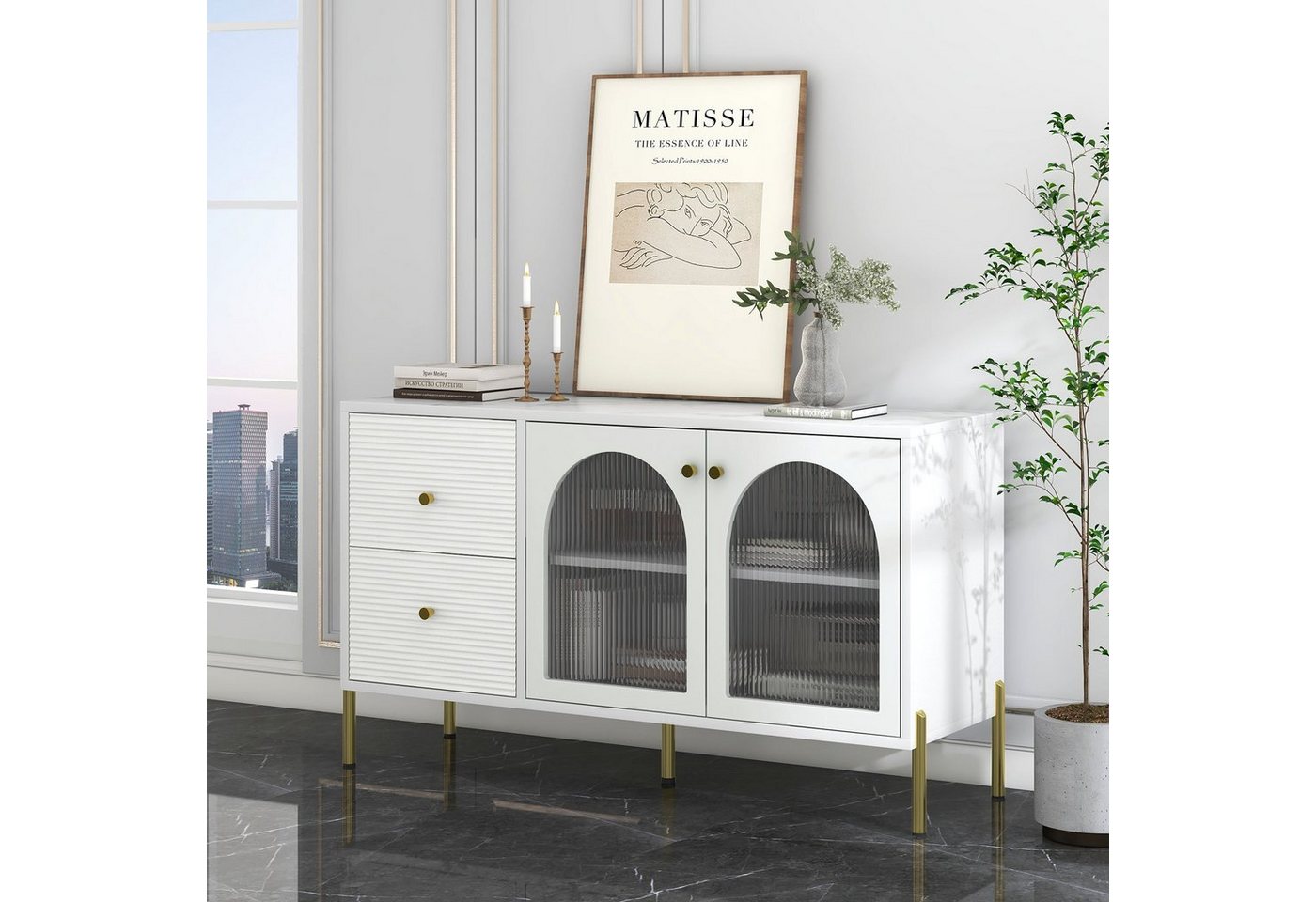 HAUSS SPLOE Sideboard Sideboard Kommode Beistellschrank Aufbewahrungsschrank (mit 2 Schubladen und 2 Glastüren), Sideboard mit verstellbaren Regalen, weiß von HAUSS SPLOE