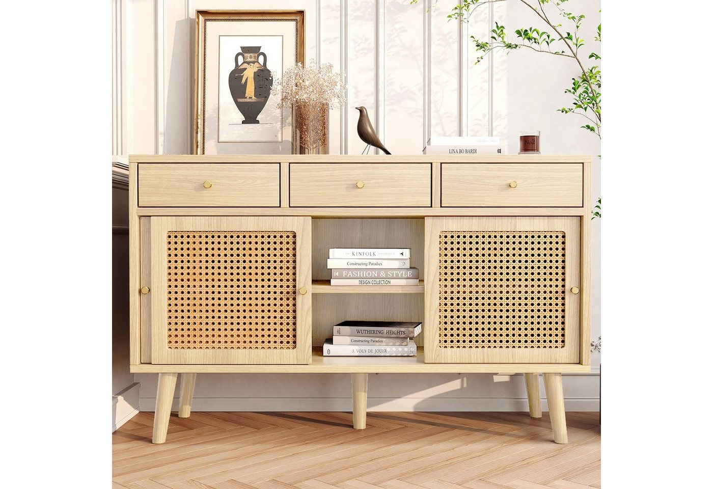 HAUSS SPLOE Sideboard Sideboard Kommode Beistellschrank Aufbewahrungsschrank (verstellbare Ablagen), mit 3 Schubladen und 3 Schiebetüren, 120x 40x78cm von HAUSS SPLOE