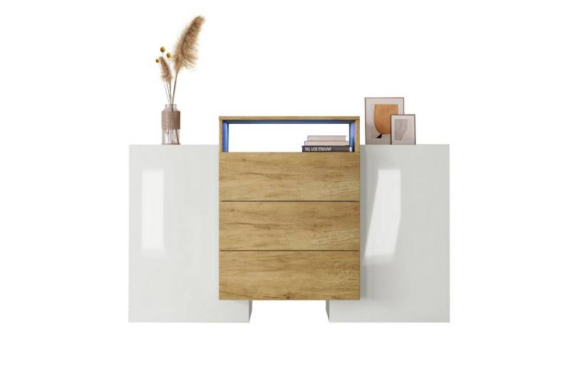 HAUSS SPOLE Sideboard Sideboard Kommode Schubladenkommode Sideboard Beistellschrank (Hochglanz-Weiß und Holzfarbe, Mehrfarbige LED-Lichteffekte, 1 St., Moderner Kommode, Schrank 140cm), Stilvolle Aufbewahrungslösung von HAUSS SPOLE