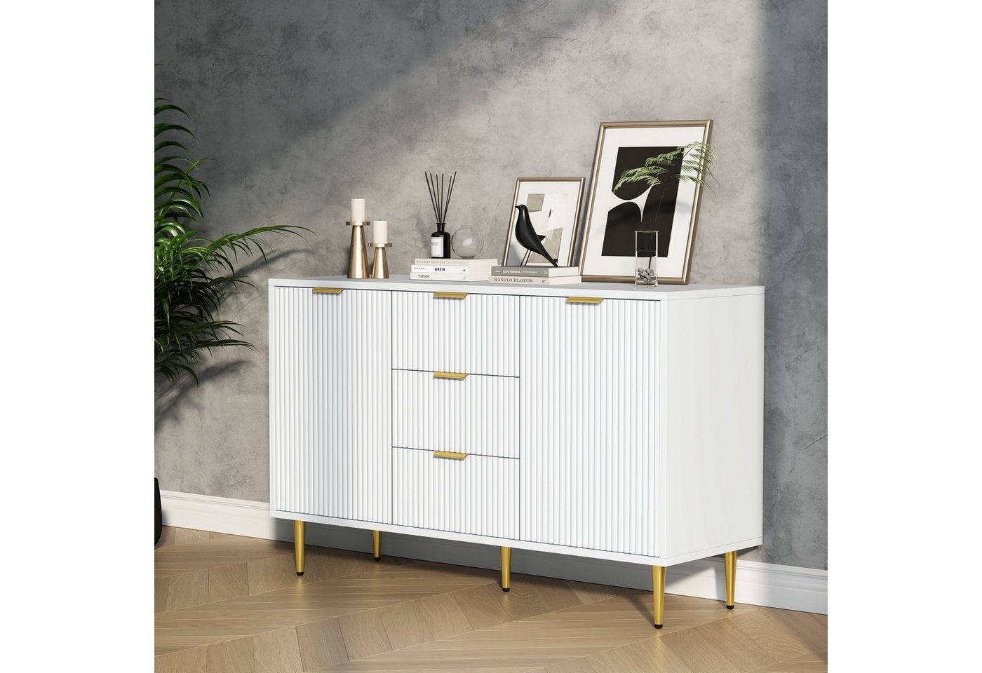 HAUSS SPLOE Sideboard mit 2 Türen, 3 Schubladen, vertikalen Streifen, 120*40*75 cm, Weiß von HAUSS SPLOE