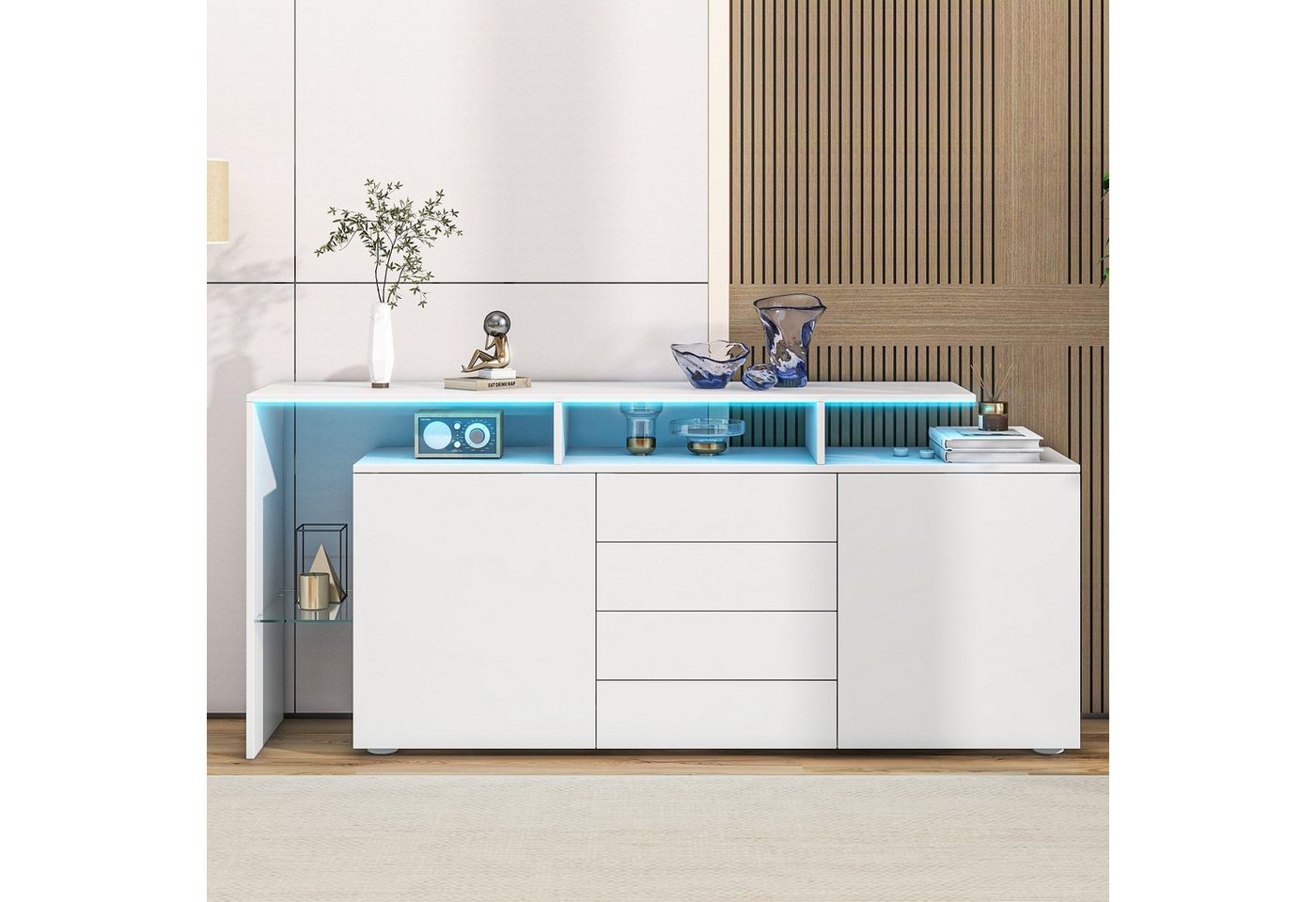 HAUSS SPLOE Sideboard mit 4 Glasböden und 2 Tür und LED-Leuchten Hochglanz für Wohnzimmer von HAUSS SPLOE