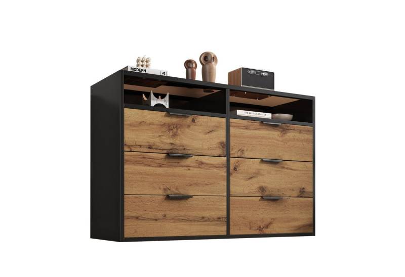 HAUSS SPOLE Sideboard mit Metallgriffen, 6 Schubladen und 2 Fächern, kippsicher, Eiche (Kommode mit Tischplatte aus Bernstein Glas, 1 St., 6 Schubladen und 2 Fächern), mit Glasplatte, sicher mit Umkippsicherung von HAUSS SPOLE