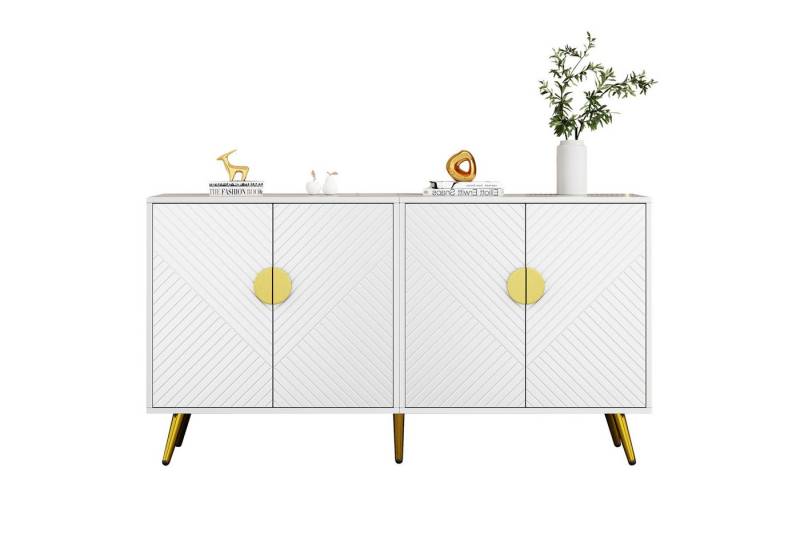 HAUSS SPOLE Sideboard mit verstellbarem Regal, Schrägstreifen-Design, 4 Türen weiß-golden (Beistellschrank, 1 St., 4 Türen), mit verstellbarem Regal, Schrägstreifen-Design von HAUSS SPOLE