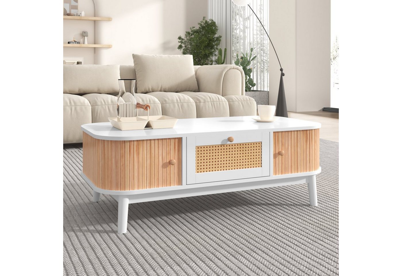 HAUSS SPLOE TV-Schrank Couchtisch Kaffeetisch Sofatisch Rattan-Couchtisch (Rattan-Kaffeetisch, Schubladen mit Rattan und Schiebetüren mit Massivholzlatten) Massivholzbeine, Natürlicher Landhausstil. von HAUSS SPLOE