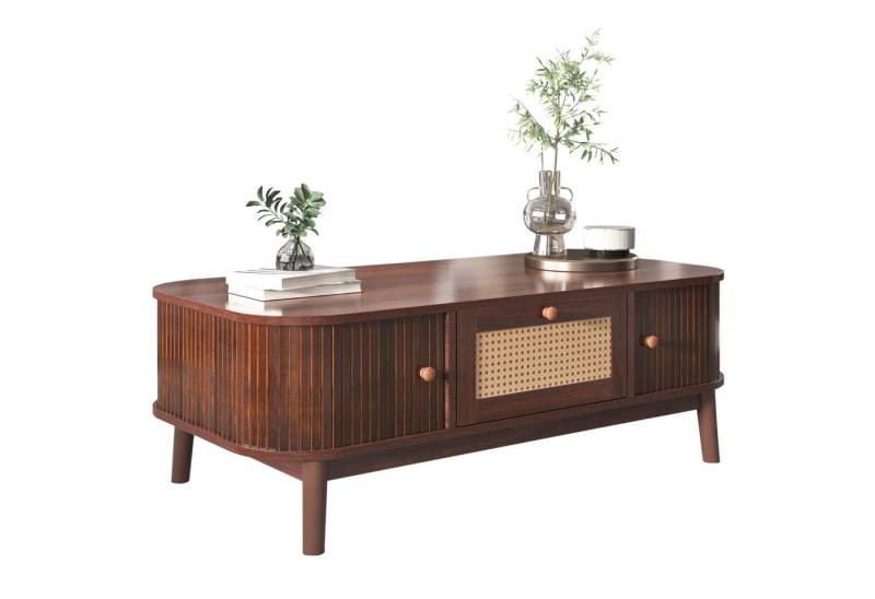 HAUSS SPOLE TV-Schrank Couchtisch Kaffeetisch Sofatisch Rattan-Couchtisch (chubladen mit Rattan und Schiebetüren mit Massivholzlatten, TV-Ständer mit Rattanseiten) modernes Design von HAUSS SPOLE