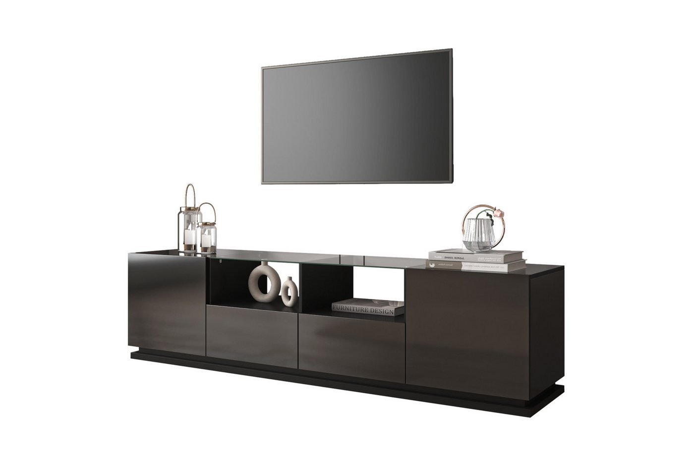 HAUSS SPOLE TV-Schrank Hochglänzend mit Glasböden, 2 Schubladen, 2 Türen, LED-Licht schwarz (1-St) mit Glastischplatte und LED,mit Türen und Schubladen von HAUSS SPOLE