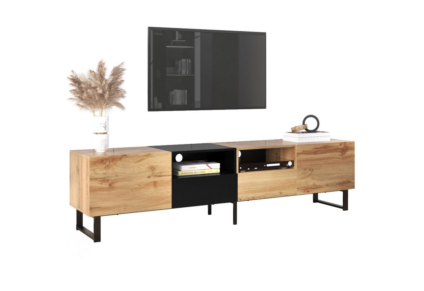 HAUSS SPLOE TV-Schrank LED-TV-Schrank TV-Tisch Beistellschrank Sideboard (geräumiger Stauraum, robuste Konstruktion) mit schwarzem und holzfarbenem Design, 190 cm x 38 cm x 48 cm von HAUSS SPLOE